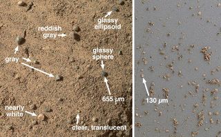 At left, a closeup view of the Mars rock target Rocknest taken by the Curiosity rover showing its sandy surface and shadows that were disrupted by the rover's front left wheel. At right, a view of Mars samples from Curiosity's third dirt scoop after it was seived. Image released Sept. 26, 2013.