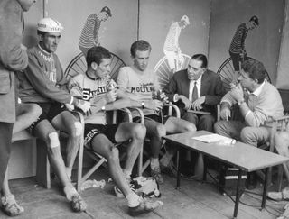 From left to right Italian competitors Franco Bitossi Felice Gimondi and Gianni Motta and interviewed by journalists Luigi Chierici and Sergio Zavoli during the 1966 Giro dItalia Tour of Italy Motta was the overall winner of the race Photo by KeystoneHulton ArchiveGetty Images