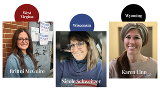 A woman wearing glasses leaning against a wall, a woman with a U.S. flag sweater, a woman with a pony tail and tan sweater