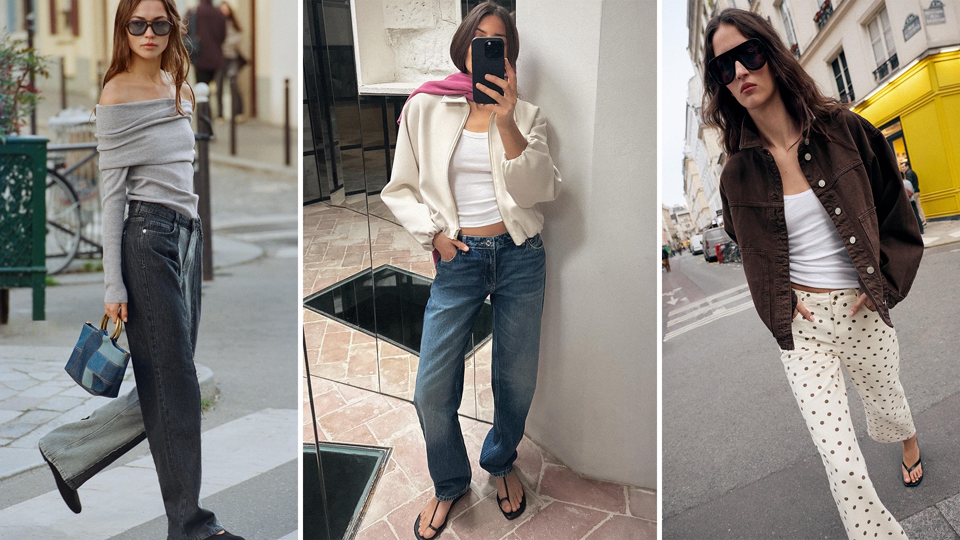 Collage of three Zara outfits for spring 2026.