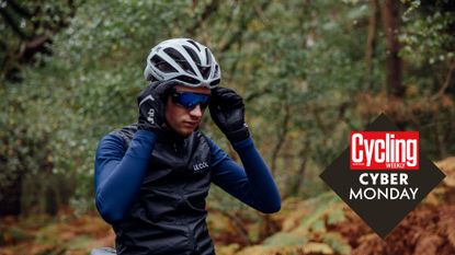 Cyclist wearing cycling clothing and the Cyber Monday deals roundal