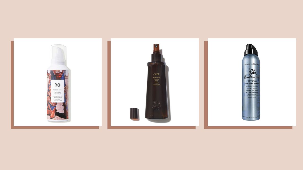 Collage of three best hair thickening products from R+Co, Oribe and Bumble &amp; Bumble