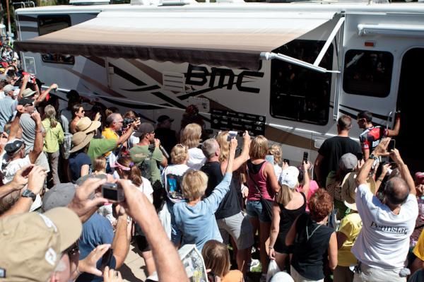 Big crowds waiting at the BMC bus.