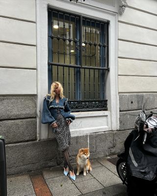 woman wearing indigo knit ruffle top, leopard-print skirt, baby-blue pointy shoes holding dog