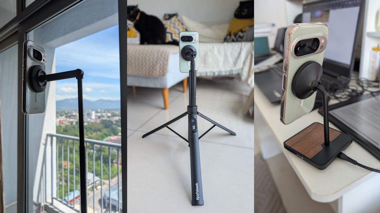 Google Pixel 10 Pro with several magnetic accessories.