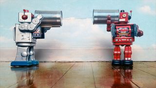 Two retro robots talk on tin can phones on an old wooden floor