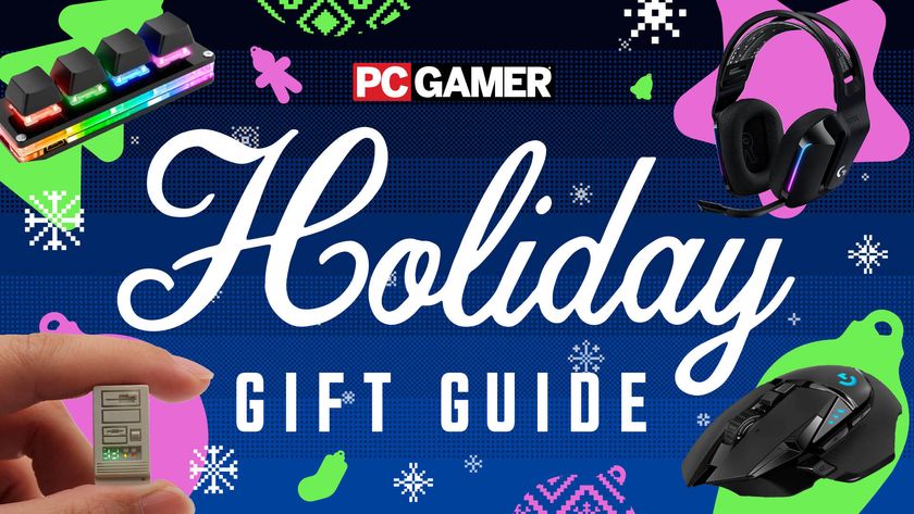 holiday gift guide 2025 promo banner featuring different products in the corners of the image ona a blue, green, and pink background with pixelated snowflakes