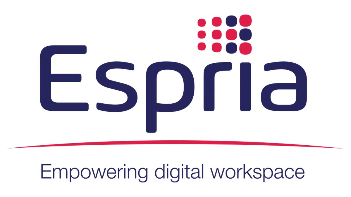 The Espria logo on a white background, with the slogan &amp;#039;Empowering digital workspace&amp;#039; underneath it