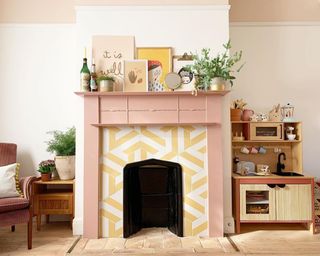 Hannah Otto fireplace with pastel pink paint decor and Neopolitan Yellow Porcelain tiles