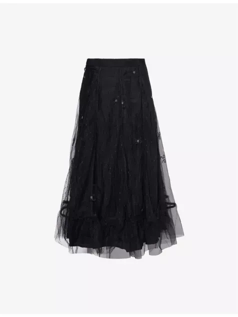 Godet Embroidered Tulle Midi Skirt