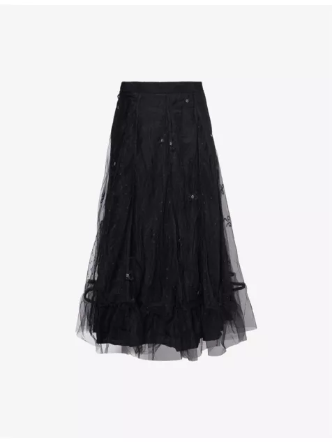 Godet Embroidered Tulle Midi Skirt