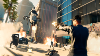 Image of Saints Row with a largescale battle, including a helicopter.