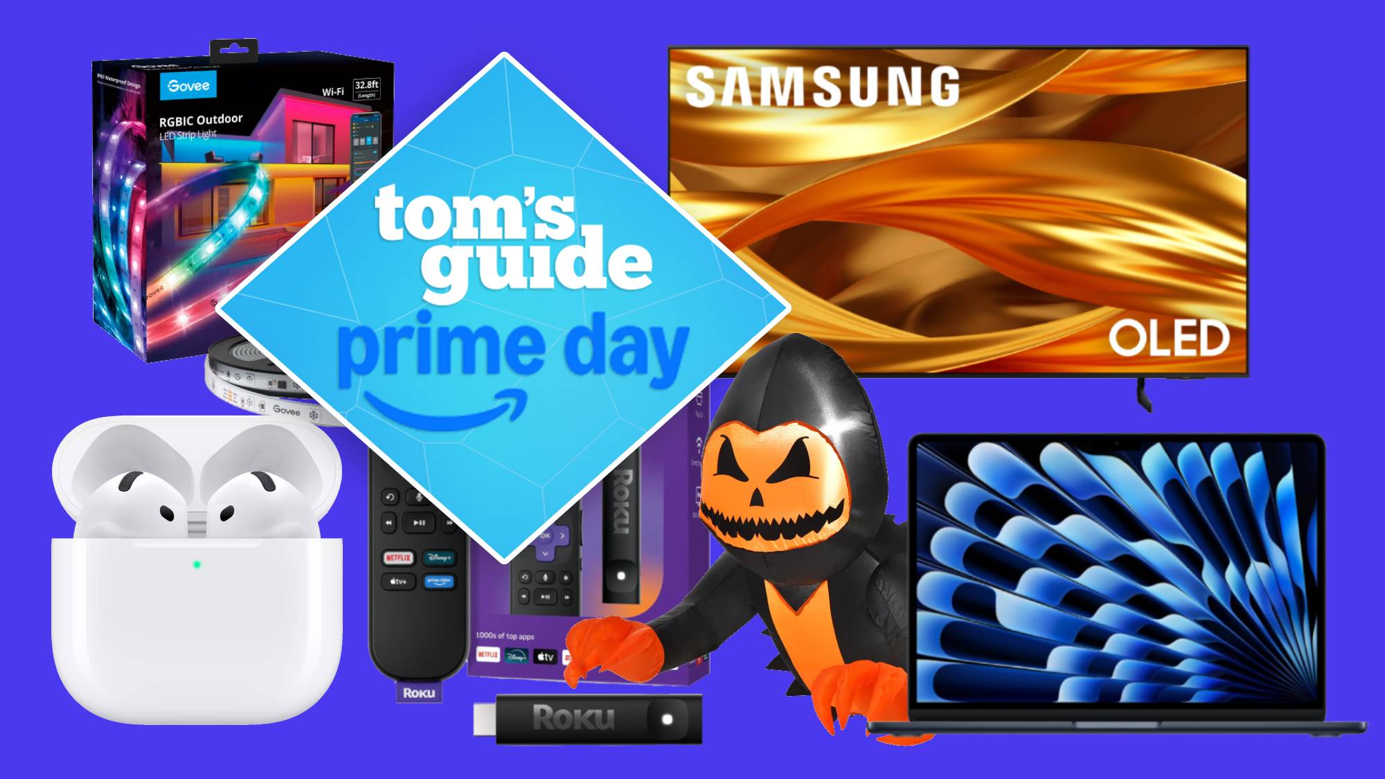 Compilation showing AirPods 4, Govee LED smart light strip, Roku streaming stick, Samsung OLED TV, MacBook Air M4