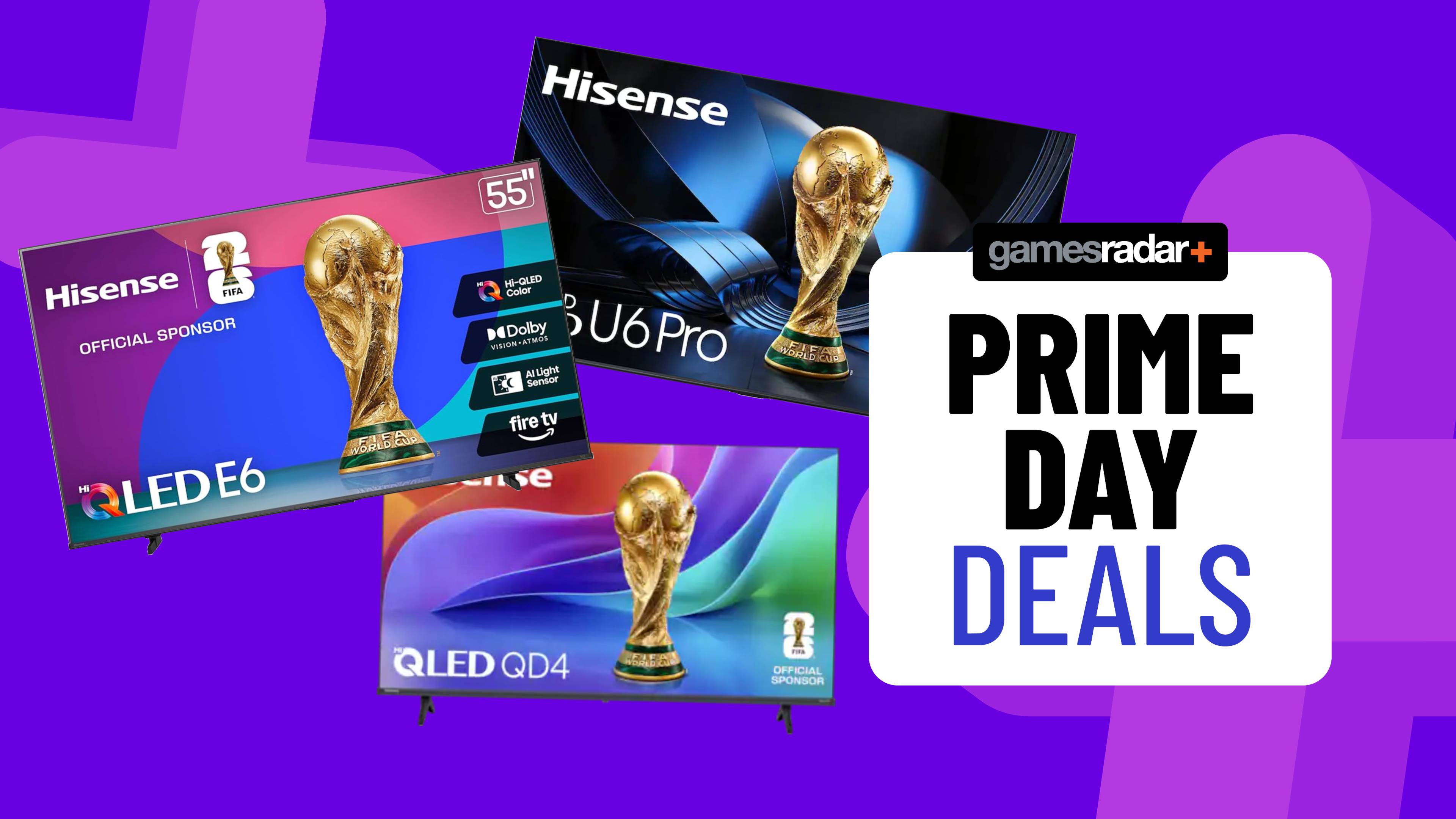 Three Hisense TVs next to a sign saying 'Prime Day deals'.