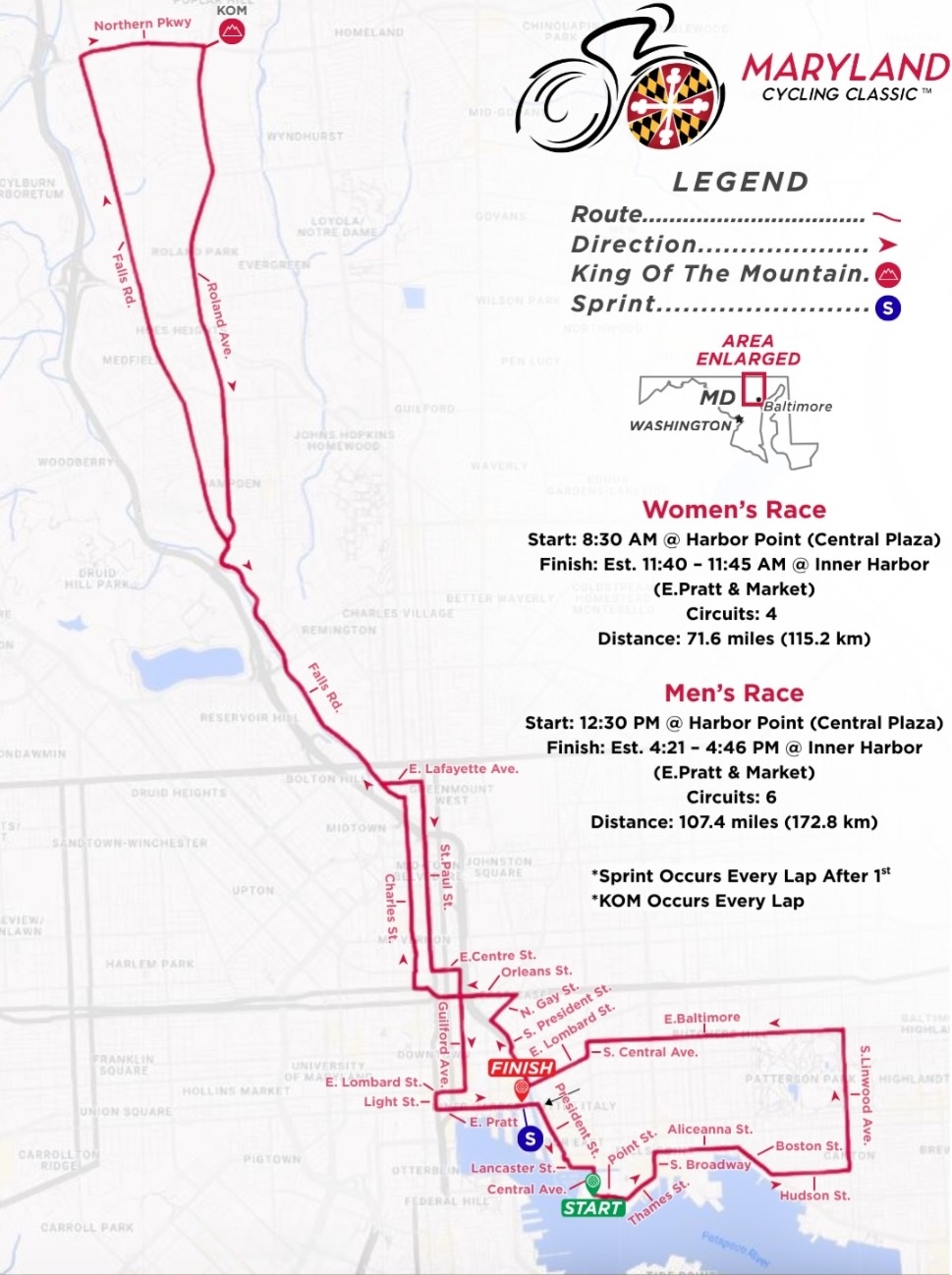 Route map for men's and women's races at 2025 Maryland Cycling Classic
