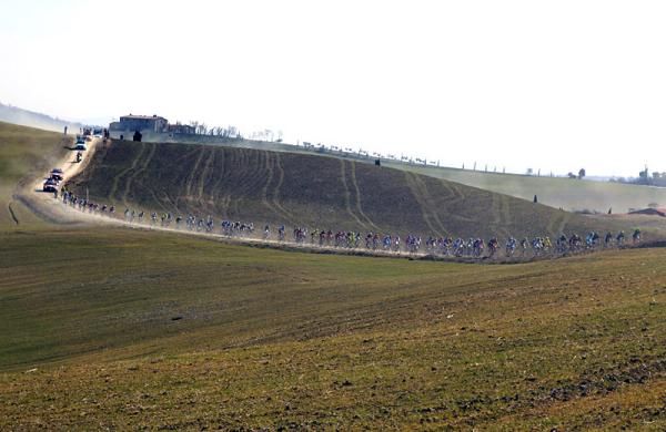 The Strade Bianche peloton rolls through the Tuscan countryside.
