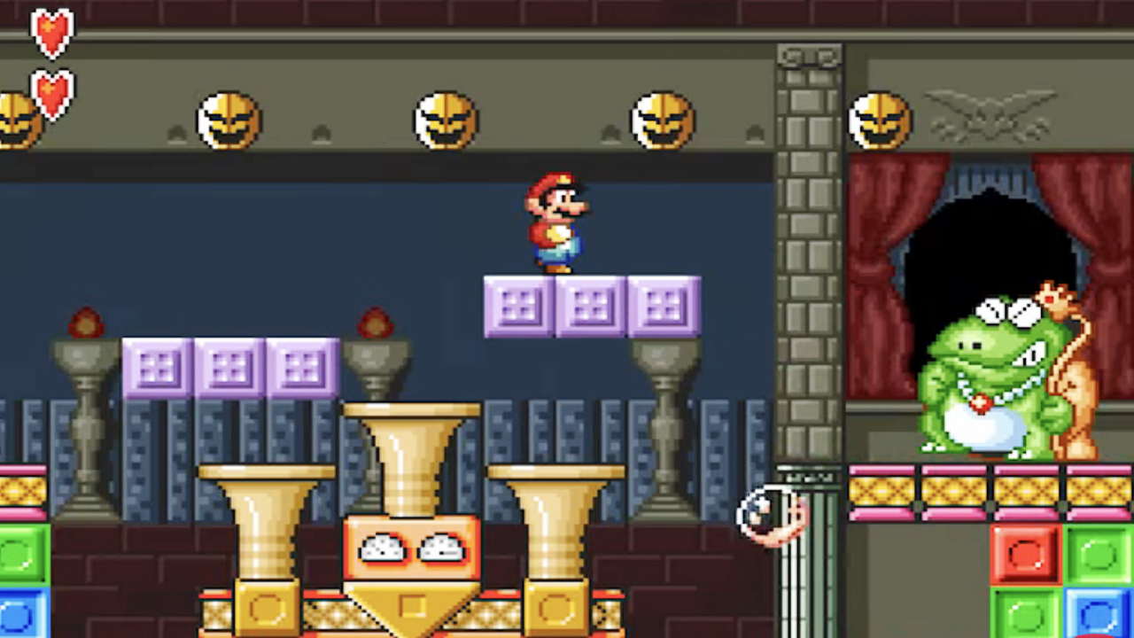 A screenshot from the American re-release of Super Mario 2 for the Super NES features Mario's final battle with the toad baddy, Wart.