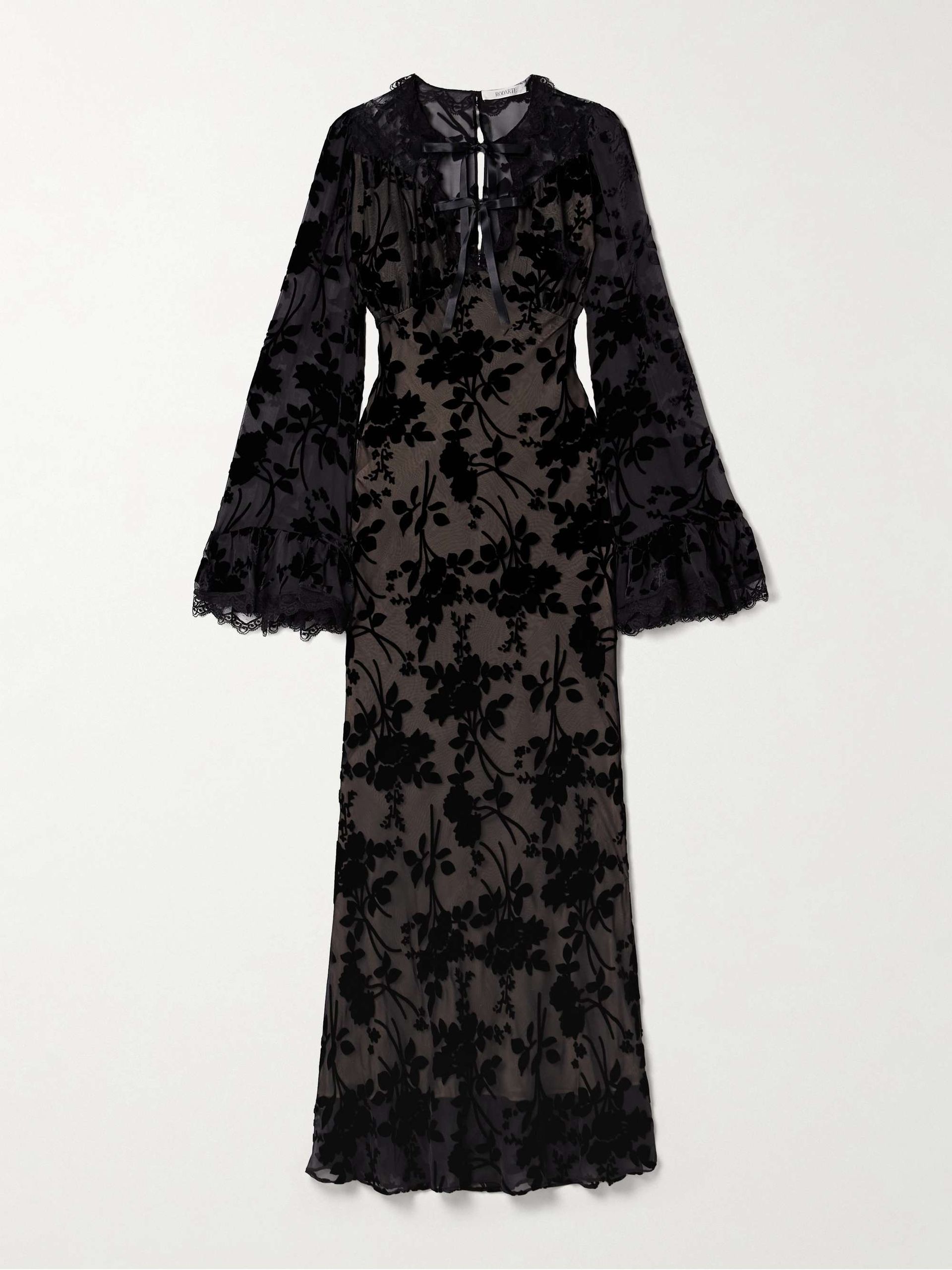 Cotton-Blend Lace-Trimmed Devoré-Chiffon Maxi Dress