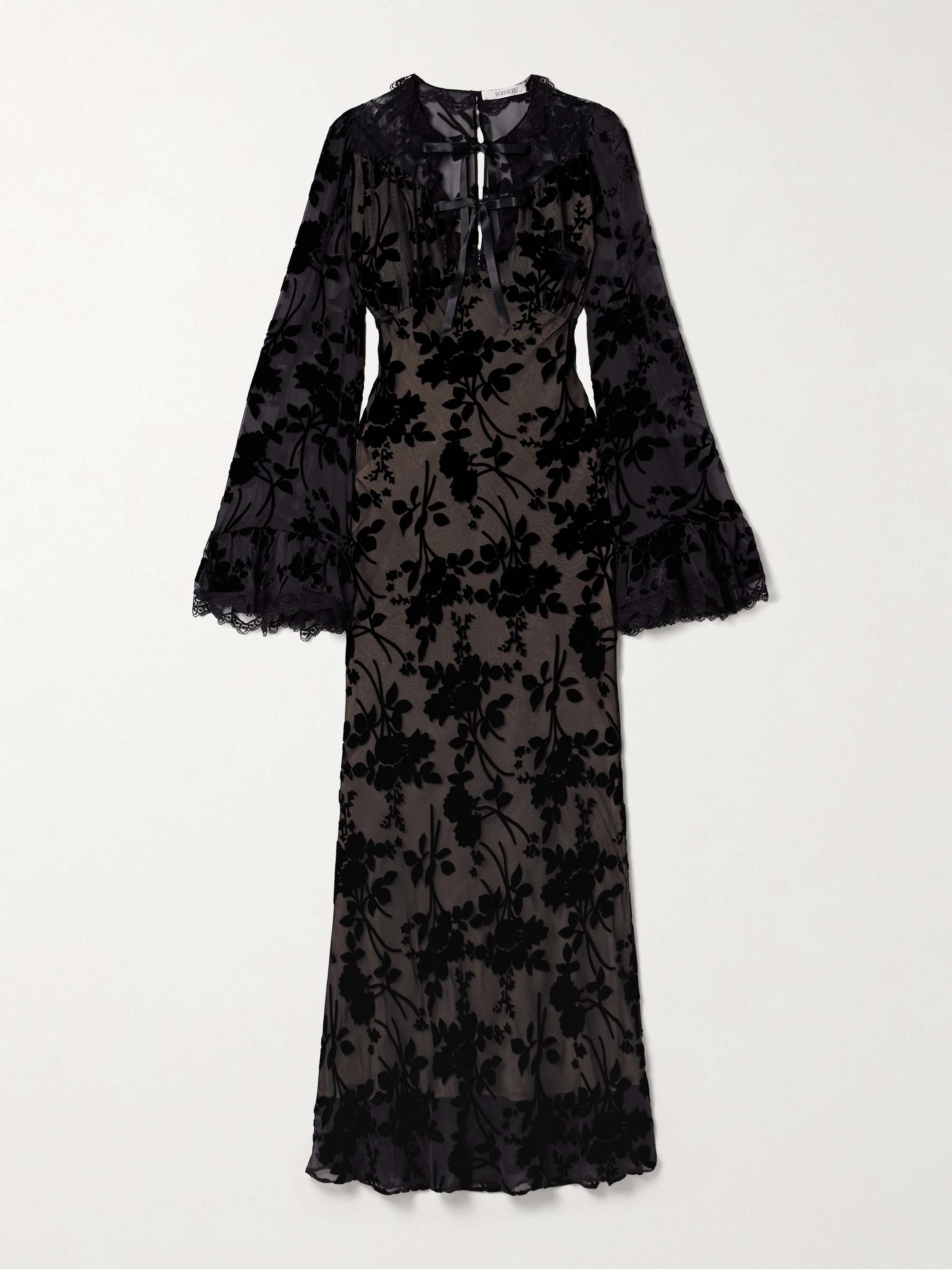 Cotton-Blend Lace-Trimmed Devoré-Chiffon Maxi Dress