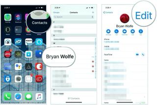 To manually add relationship data with the Contacts app, open the Contracts app on your device, tap on your contact card, then tap the edit button.