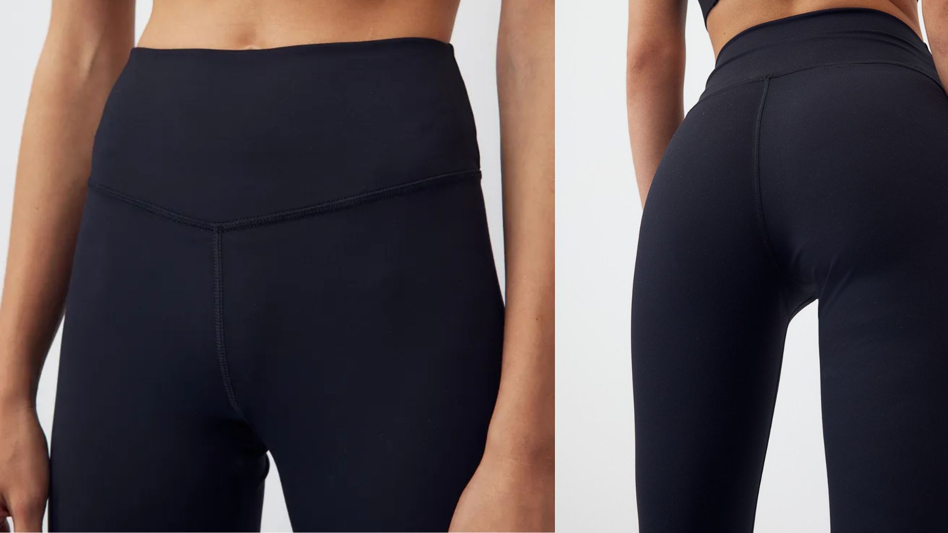 H&M SoftMove sports leggings in black from two points of view, front and back