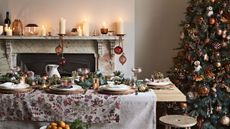 amber Christmas table centerpiece with decorative mantel
