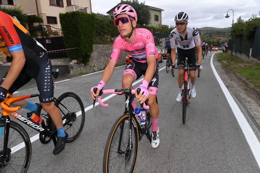 CAMIGLIATELLO SILANO ITALY OCTOBER 07 Joao Almeida of Portugal and Team Deceuninck QuickStep Pink Leader Jersey Wilco Kelderman of The Netherlands and Team Sunweb during the 103rd Giro dItalia 2020 Stage 5 a 225km stage from Mileto to Camigliatello Silano 1275m girodiitalia Giro on October 07 2020 in Camigliatello Silano Italy Photo by Tim de WaeleGetty Images