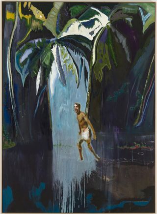 A painting depicting a man wearing a loin cloth in a rainforest with a waterfall
