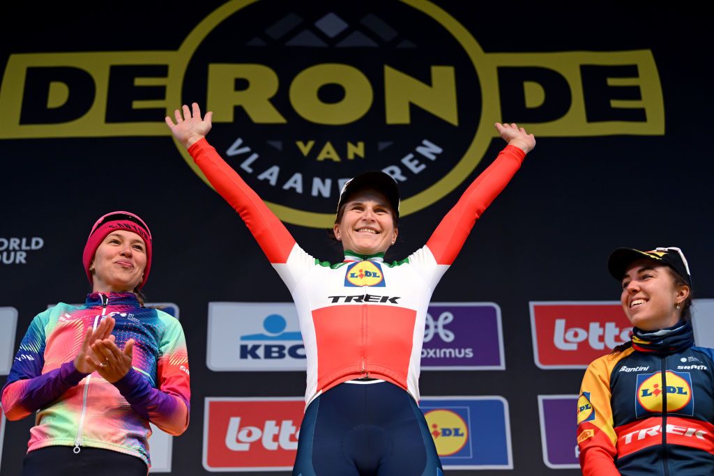 OUDENAARDE BELGIUM MARCH 31 LR Katarzyna Niewiadoma of Poland and Team CanyonSRAM Racing on second place race winner Elisa Longo Borghini of Italy and Team Lidl Trek and Shirin Van Anrooij of The Netherlands and Team Lidl Trek on third place pose on the podium ceremony after the during the 21st Ronde van Vlaanderen Tour des Flandres 2024 Womens Elite a 163km one day race from Oudenaarde to Oudenaarde UCIWWT on March 31 2024 in Oudenaarde Belgium Photo by Dario BelingheriGetty Images