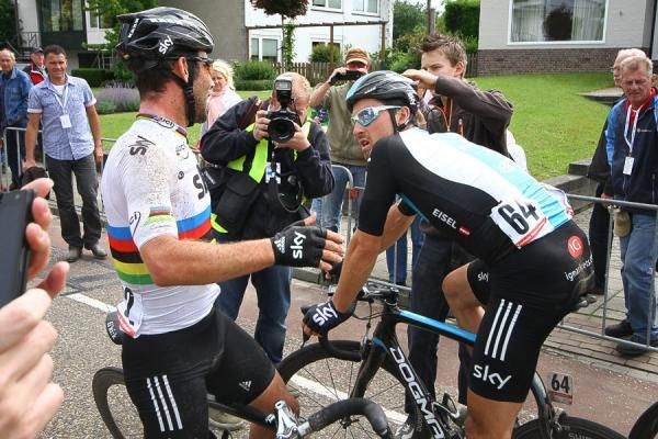 Sky teammates Mark Cavendish and Bernhard Eisel chat after the finish.