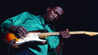 American blues guitarist and singer Buddy Guy performs live playing a Fender Stratocaster guitar on the American Folk Blues Festival tour in London in October 1965