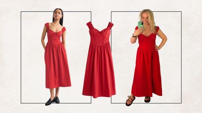 Red dress with built in bra on a model, on Antonia Kraskowski and as a cut out