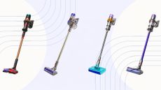Four of the best Dyson vacuum cleaners: the Dyson V8, V11, Submarine, and Animal V16 on a purple background