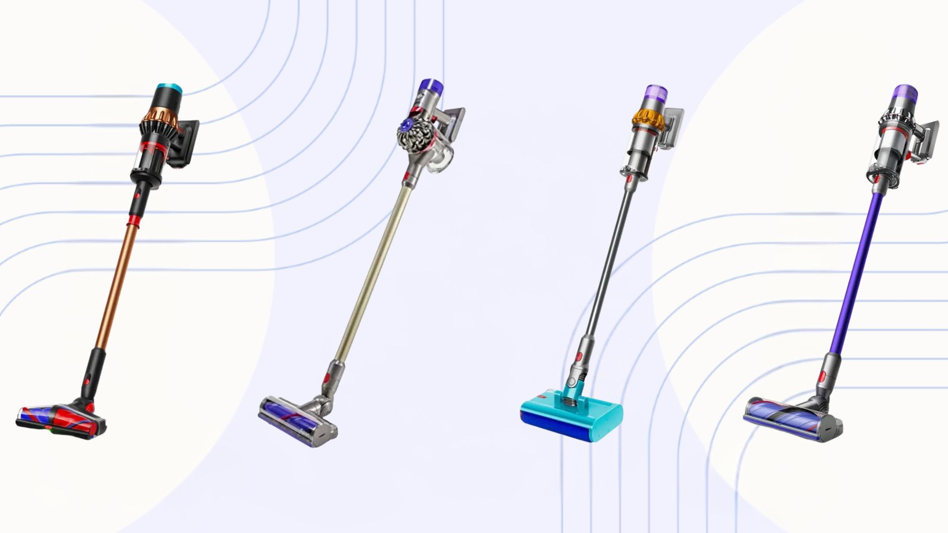 Four of the best Dyson vacuum cleaners: the Dyson V8, V11, Submarine, and Animal V16 on a purple background