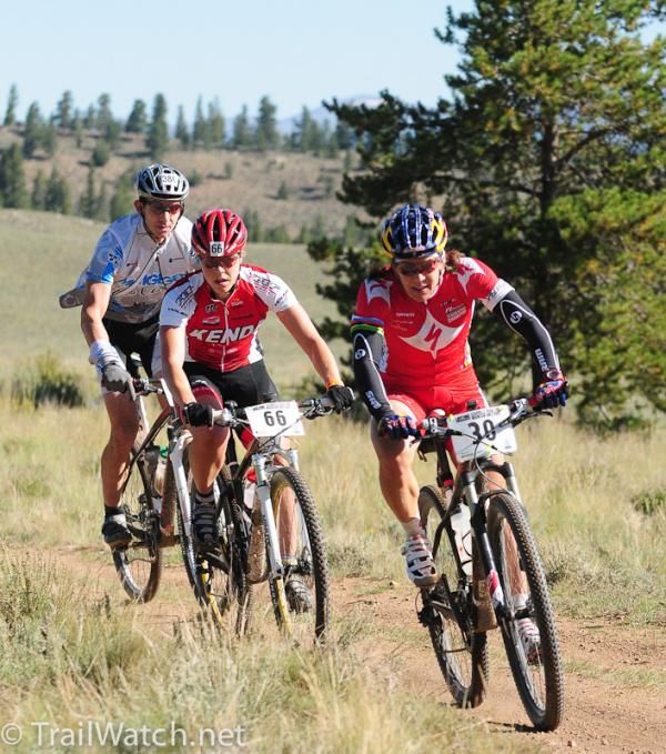 Rebecca Rusch (Specialized) leading Amanda Carey as they approach the Columbine climb.