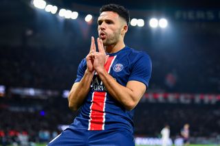 Goncalo Ramos celebrates a goal for Paris Saint-Germain against Lyon in December 2024.