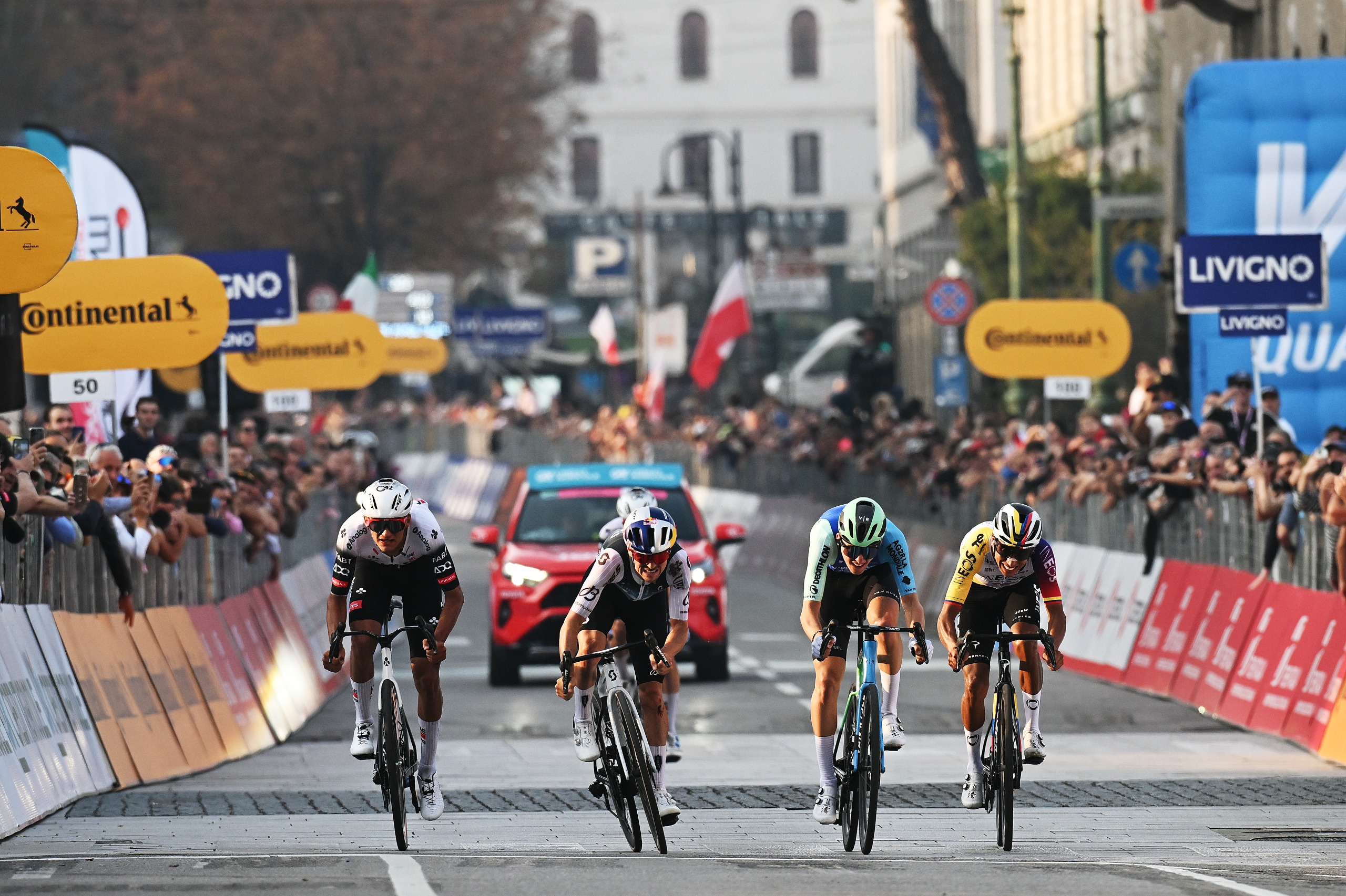 Isaac Del Toro of Mexico and Team UAE Team Emirates, Thomas Pidcock of Great Britain and Team Q36.5 Pro Cycling Team, Paul Seixas of France and Team Decathlon AG2R La Mondiale and Egan Bernal of Colombia and Team INEOS Grenadiers sprint at finish line during the 119th Il Lombardia 2025 a 241km one day race from Como to Bergamo on October 11, 2025 in Bergamo, Italy. (Photo by Dario Belingheri/Getty Images)