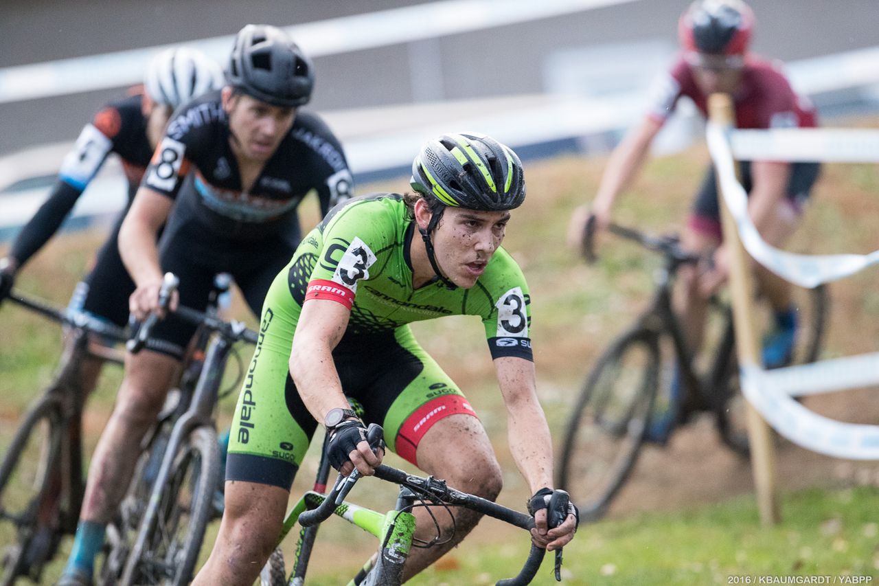 White goes to the front of the chase group looking to take second but went down just a few turns before finish.
