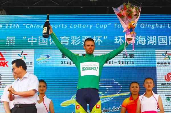 Luka Mezgec of Sava with the green jersey at the podium