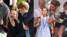 L: Princess Charlotte of Cambridge laughs as she conducts a band next to her brother Prince George of Cambridge during a visit to Cardiff Castle on June 04, 2022 in Cardiff, Wales, R: Princess Charlotte of Cambridge sticks out her tongue much to the amusement of her mother Catherine, Duchess of Cambridge, following the inaugural King's Cup regatta hosted by the Duke and Duchess of Cambridge on August 08, 2019 in Cowes, England