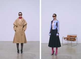 Draped skirts and dresses in earth tones are balanced with sharp tailoring and voluminous outerwear in colder hues, while high-waisted trousers and sophisticated collars give a smart edge