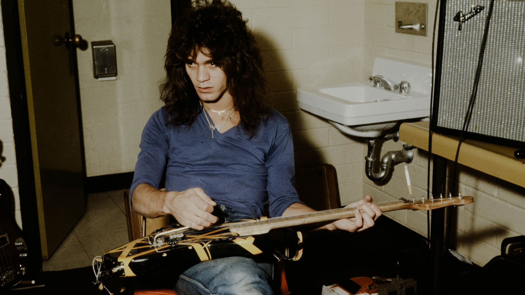 Eddie Van Halen backstage in Japan with his Bumblebee guitar.
