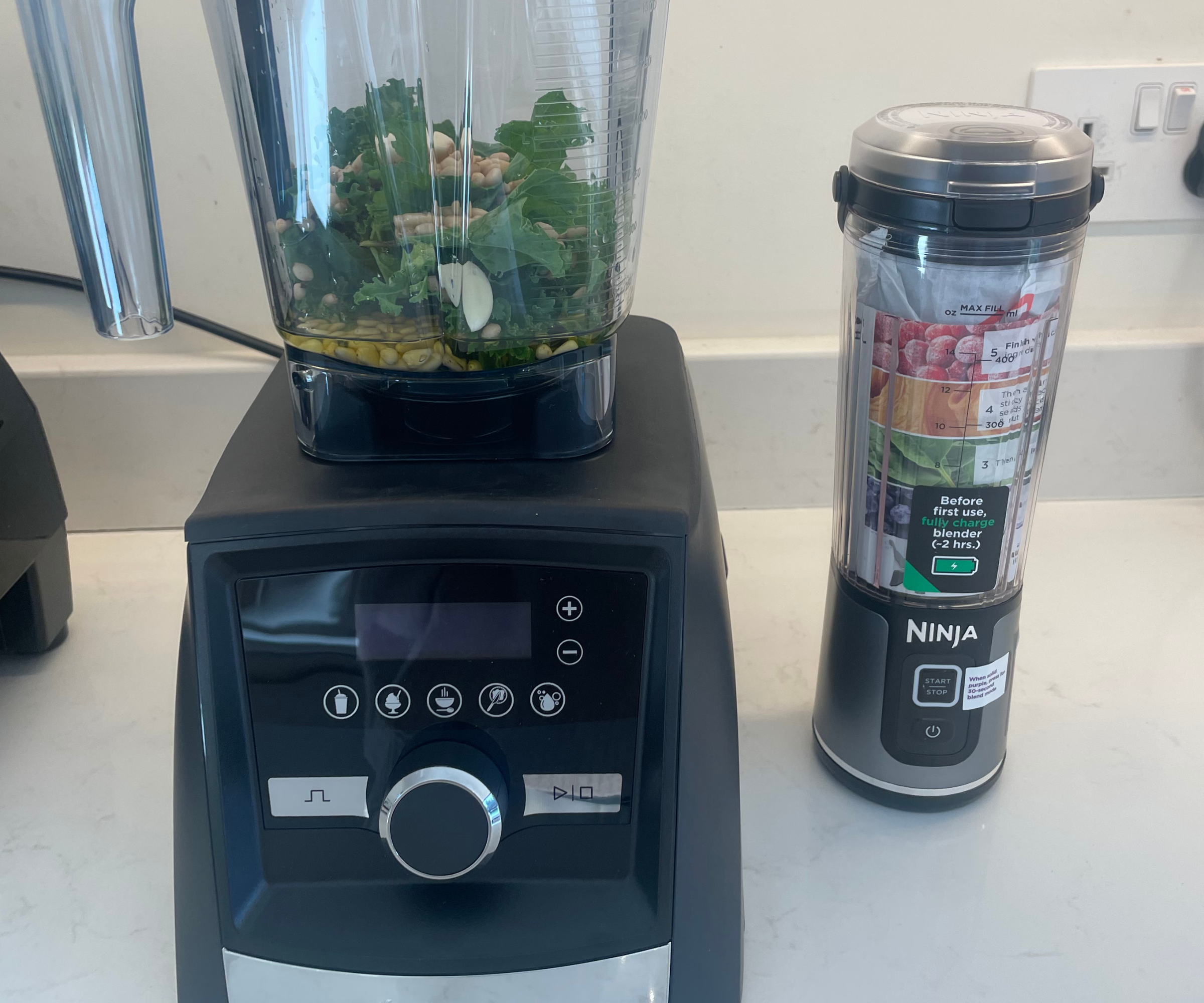 The Ninja Blast compared to a full-size Vitamix A3500