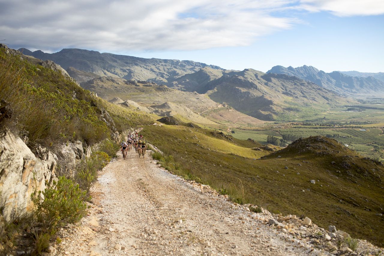 The lead riders begin the Groenlandberg climb during stage 1 of the 2015 Absa Cape Epic