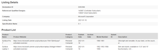 Bluetooth certification document for Surface Pro 7 and Surface Pro 3 variants