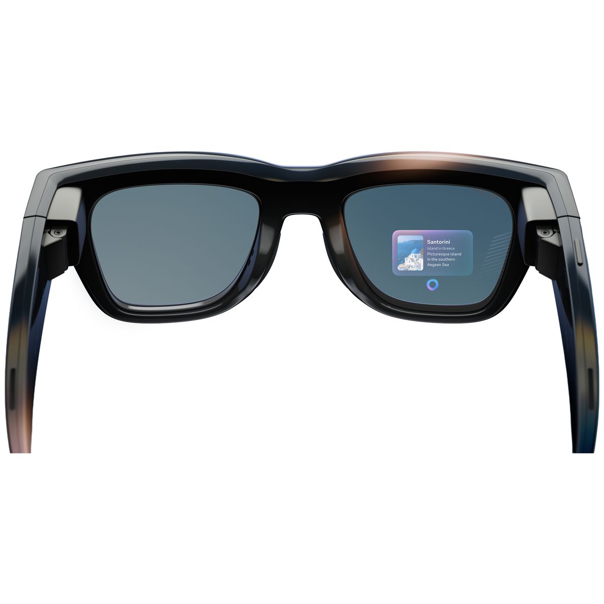 An official product render of Meta Ray-Ban Display Glasses with the display illuminated