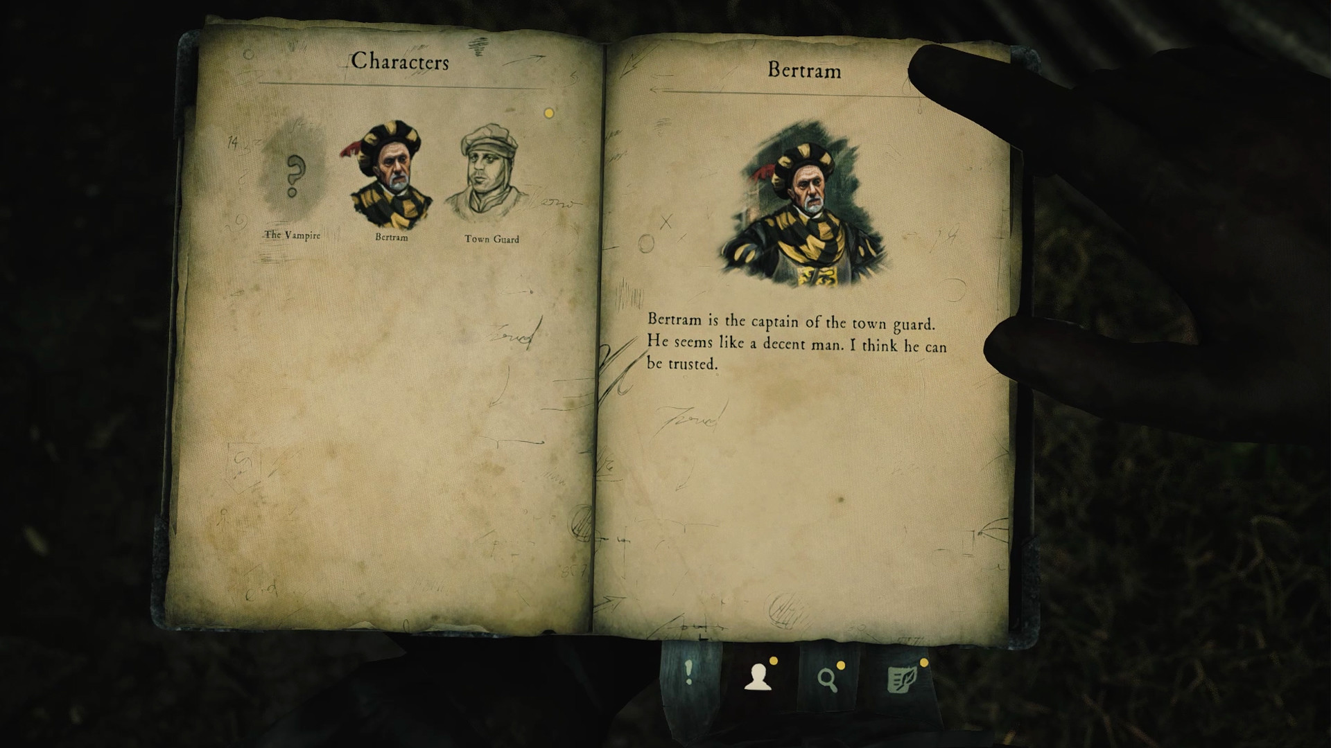 PoV of inquisitor's notebook detailing various personages around the town.