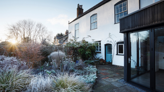 house garden on frosty morning with low sun in background