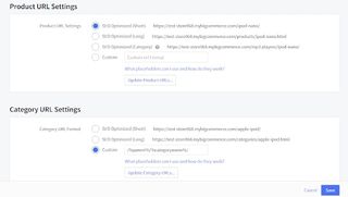 BigCommerce's settings for product and category URLs