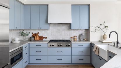 kitchen with light blue painted cabinets